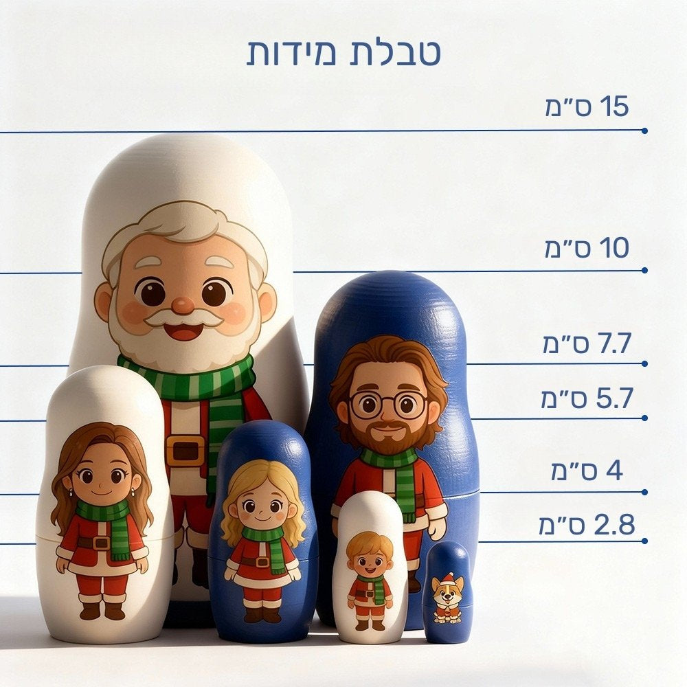 בלת מידות בבושקה - גבהים מ-2.8 ס״מ עד 15 ס״מ לסט של עד 6 בובות עץ מקוננות בהתאמה אישית