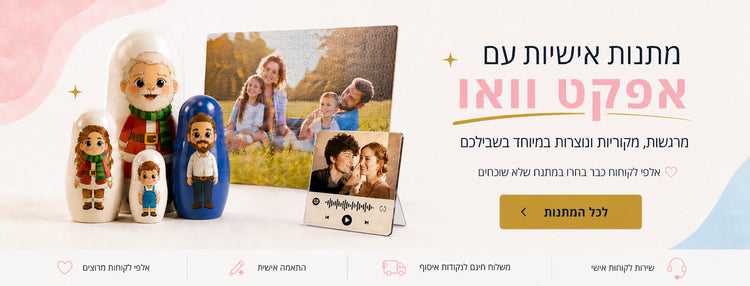 באנר למיני מומנט המציג מתנות אישיות בעיצוב ייחודי, כולל בבושקה בהתאמה אישית, פאזל תמונה ומגנט מוזיקה אישי תחת המסר מתנות אישיות עם אפקט וואו